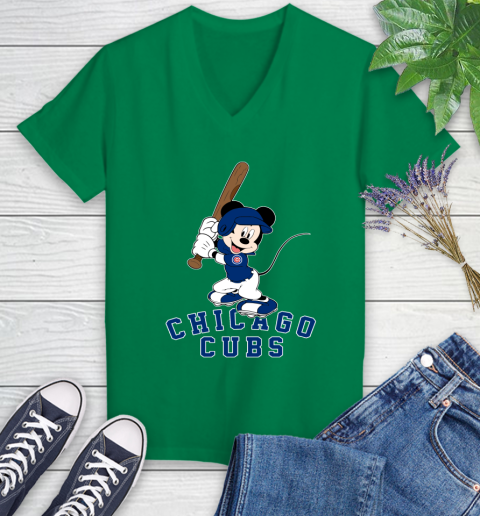 MLB Baseball Chicago Cubs Cheerful Mickey Mouse Shirt Women's V-Neck T-Shirt 5