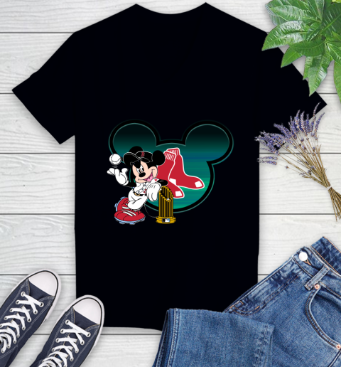 MLB Boston Red Sox The Commissioner's Trophy Mickey Mouse Disney Women's V-Neck T-Shirt 2