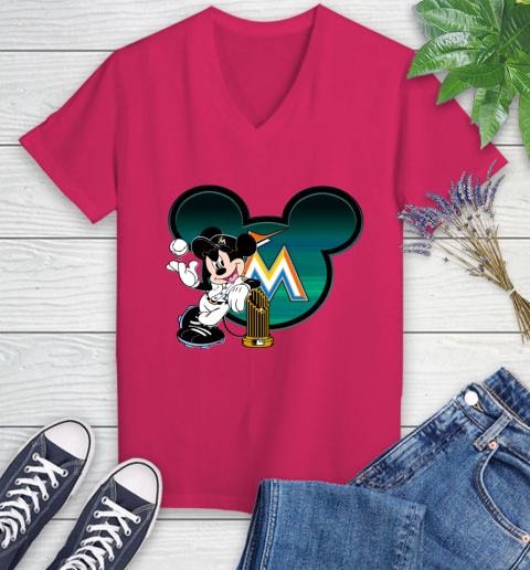 MLB Miami Marlins The Commissioner's Trophy Mickey Mouse Disney Women's V-Neck T-Shirt 9