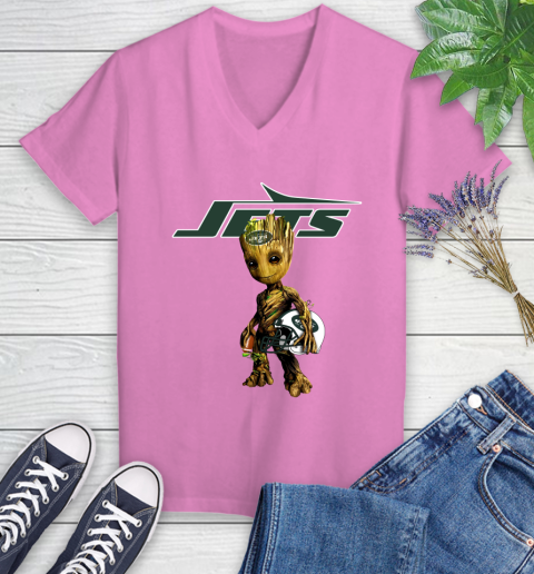 New York Jets NFL Football Groot Marvel Guardians Of The Galaxy Women's V-Neck T-Shirt 14