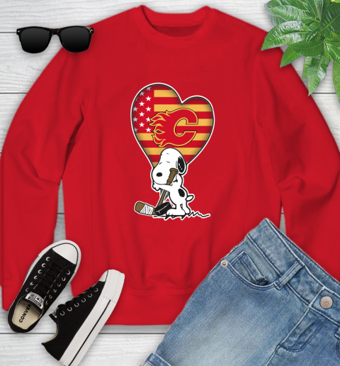 Calgary Flames NHL Hockey The Peanuts Movie Adorable Snoopy Youth Sweatshirt 9