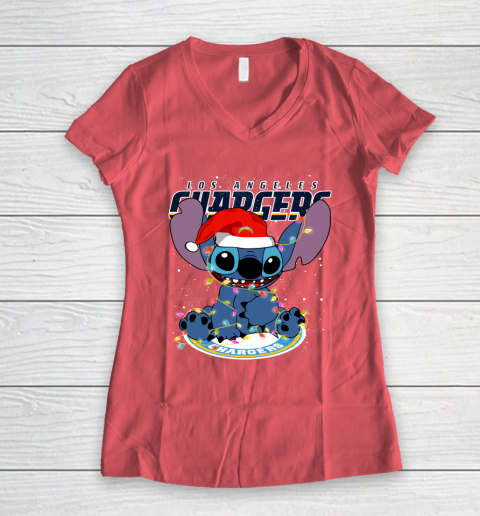 Los Angeles Chargers NFL Football noel stitch Christmas Women's V-Neck T-Shirt 3