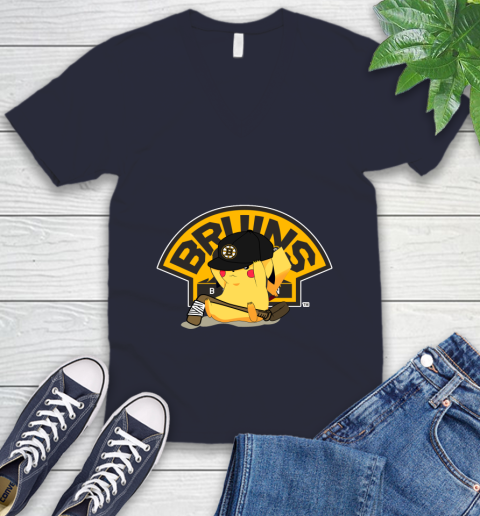 NHL Pikachu Hockey Sports Boston Bruins V-Neck T-Shirt 3