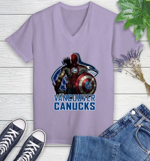 NHL Captain America Thor Spider Man Hawkeye Avengers Endgame Hockey Vancouver Canucks Women's V-Neck T-Shirt 14