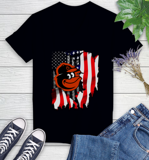 Baltimore Orioles MLB Baseball American Flag Women's V-Neck T-Shirt