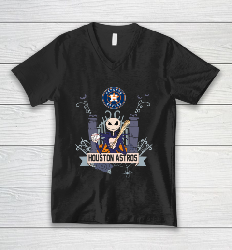 MLB Houston Astros Baseball Jack Skellington Halloween V-Neck T-Shirt