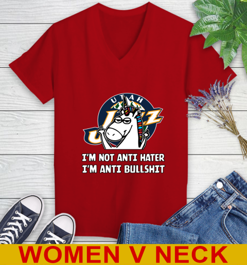 Utah Jazz NBA Basketball Unicorn I'm Not Anti Hater I'm Anti Bullshit Women's V-Neck T-Shirt 12