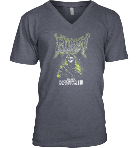 Modern Warfare III Ghost Metal V-Neck T-Shirt 0vl5 modern warfare iii ghost metal v neck unisex 8 front heather navy