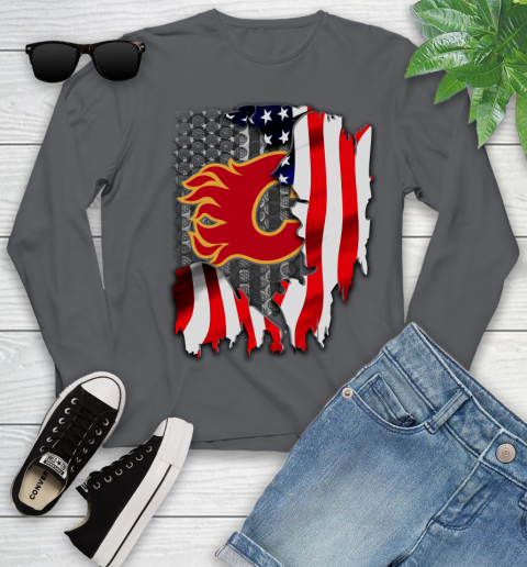 Calgary Flames NHL Hockey American Flag Youth Long Sleeve 9