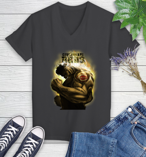 Cincinnati Reds MLB Baseball Hulk Marvel Avengers Sports Women's V-Neck T-Shirt 8