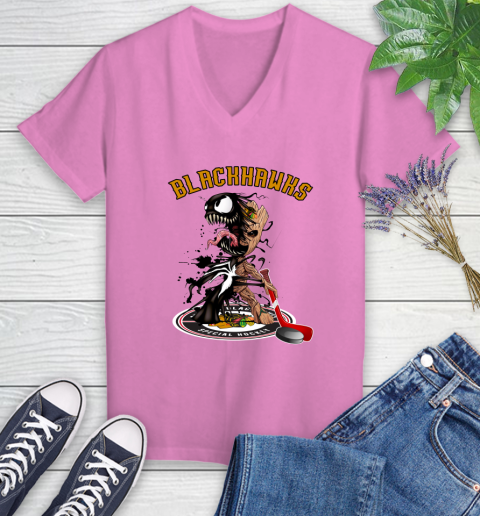 NHL Chicago Blackhawks Hockey Venom Groot Guardians Of The Galaxy Women's V-Neck T-Shirt 14