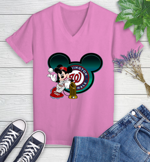 MLB Washington Nationals The Commissioner's Trophy Mickey Mouse Disney Women's V-Neck T-Shirt 14