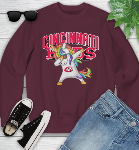 Cincinnati Reds MLB Baseball Funny Unicorn Dabbing Sports Youth Sweatshirt 5