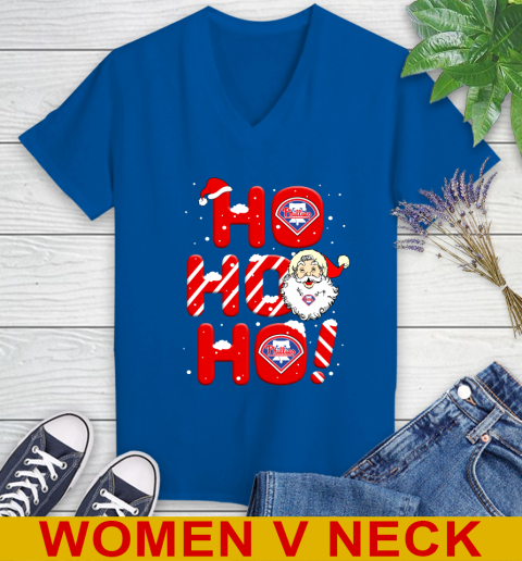 Philadelphia Phillies MLB Baseball Ho Ho Ho Santa Claus Merry Christmas Shirt Women's V-Neck T-Shirt 9