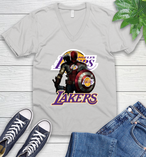Los Angeles Lakers NBA Basketball Captain America Thor Spider Man Hawkeye Avengers V-Neck T-Shirt