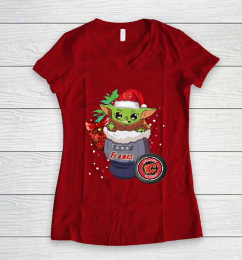 Calgary Flames Christmas Baby Yoda Star Wars Funny Happy NHL Women's V-Neck T-Shirt 10