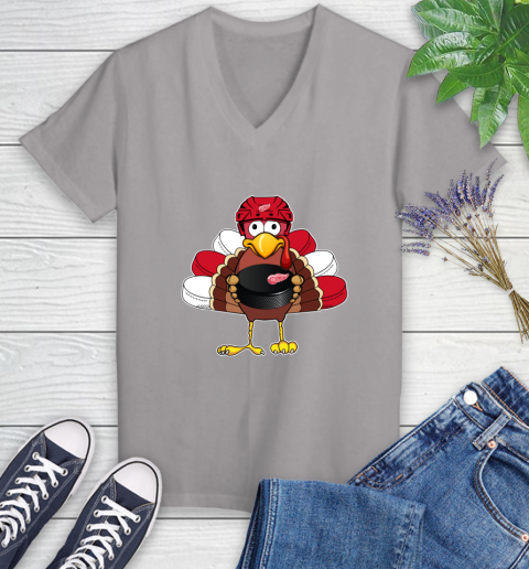 Detroit Red Wings Turkey Thanksgiving Day Women's V-Neck T-Shirt 4