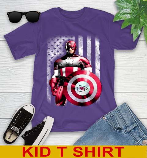 Kansas City Chiefs NFL Football Captain America Marvel Avengers American Flag Shirt Youth T-Shirt 3