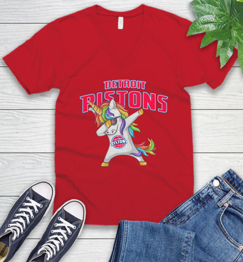 Detroit Pistons NBA Basketball Funny Unicorn Dabbing Sports V-Neck T-Shirt 7