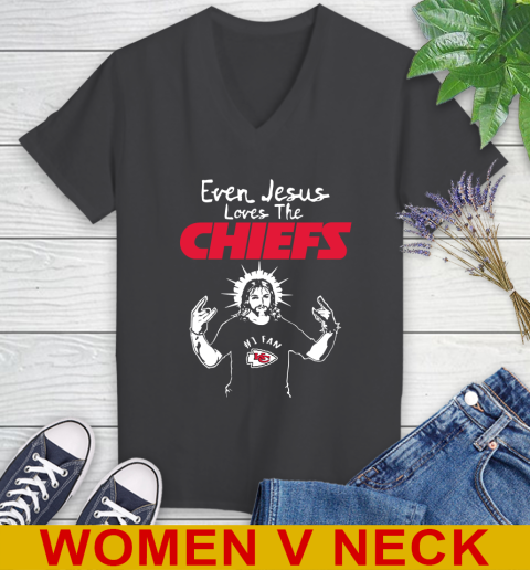 Kansas City Chiefs NFL Football Even Jesus Loves The Chiefs Shirt Women's V-Neck T-Shirt 8