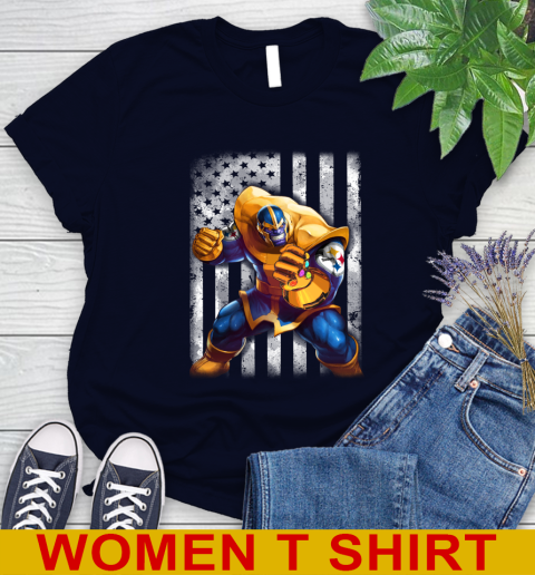 NFL Football Pittsburgh Steelers Thanos Marvel American Flag Shirt Women's T-Shirt 2