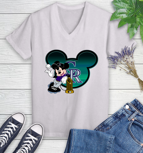 MLB Colorado Rockies The Commissioner's Trophy Mickey Mouse Disney Women's V-Neck T-Shirt