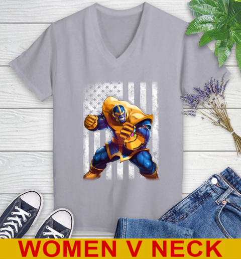 NFL Football New England Patriots Thanos Marvel American Flag Shirt Women's V-Neck T-Shirt 4