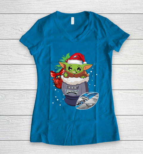 Philadelphia Eagles Christmas Baby Yoda Star Wars Funny Happy NFL Women's V-Neck T-Shirt 7