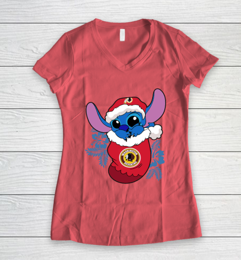 Washington Redskins Christmas Stitch In The Sock Funny Disney NFL Women's V-Neck T-Shirt 6