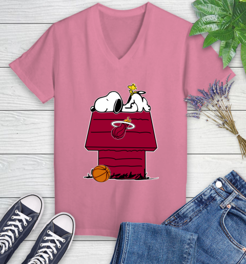Miami Heat NBA Basketball Snoopy Woodstock The Peanuts Movie Women's V-Neck T-Shirt 13