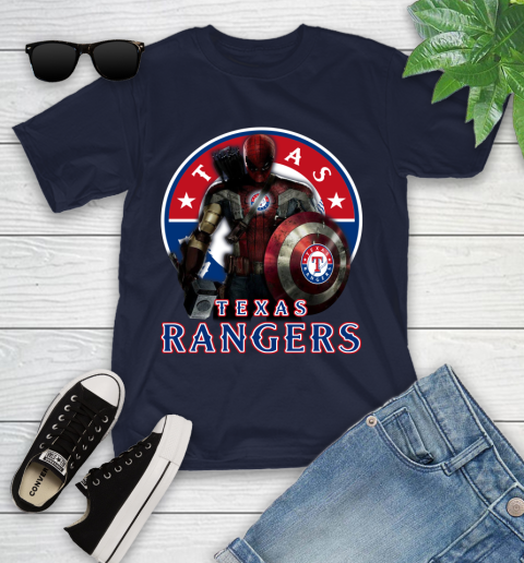 MLB Captain America Thor Spider Man Hawkeye Avengers Endgame Baseball Texas Rangers Youth T-Shirt 3