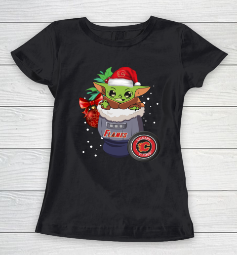 Calgary Flames Christmas Baby Yoda Star Wars Funny Happy NHL Women's T-Shirt 2