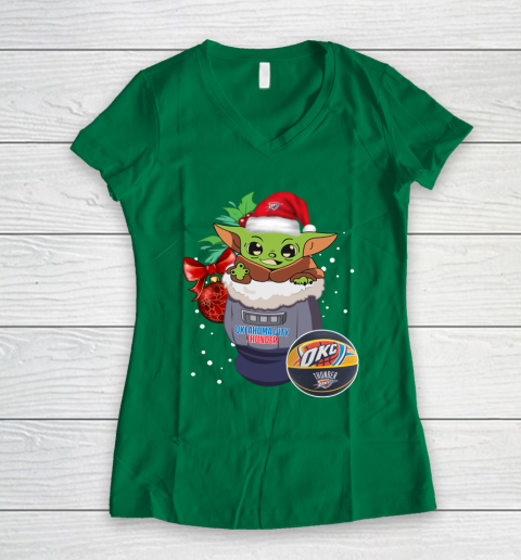 Oklahoma City Thunder Christmas Baby Yoda Star Wars Funny Happy NBA Women's V-Neck T-Shirt 5