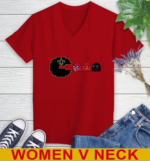 New Orleans Saints NFL Football Pac Man Champion Women's V-Neck T-Shirt 12