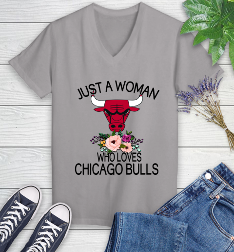 NBA Just A Woman Who Loves Chicago Bulls Basketball Sports Women's V-Neck T-Shirt 2