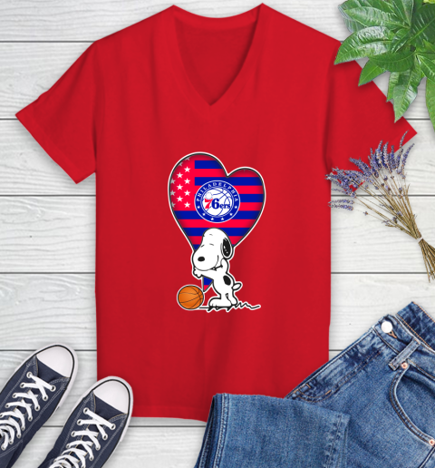 Philadelphia 76ers NBA Basketball The Peanuts Movie Adorable Snoopy Women's V-Neck T-Shirt 12