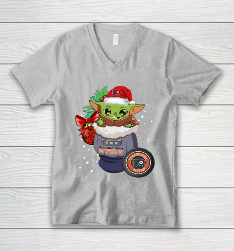 Philadelphia Flyers Christmas Baby Yoda Star Wars Funny Happy NHL V-Neck T-Shirt 4