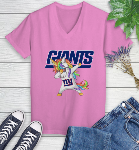 New York Giants NFL Football Funny Unicorn Dabbing Sports Women's V-Neck T-Shirt 14