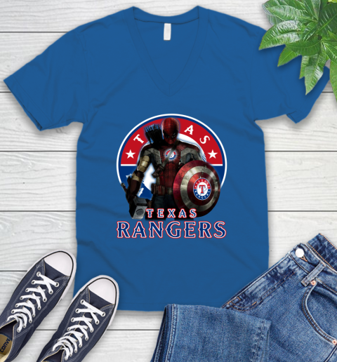 MLB Captain America Thor Spider Man Hawkeye Avengers Endgame Baseball Texas Rangers V-Neck T-Shirt 6