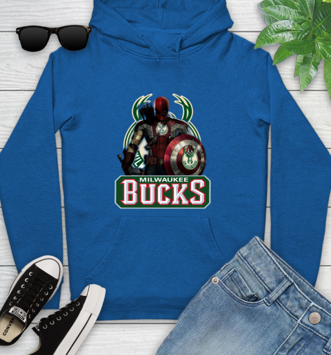Milwaukee Bucks NBA Basketball Captain America Thor Spider Man Hawkeye Avengers Youth Hoodie 9