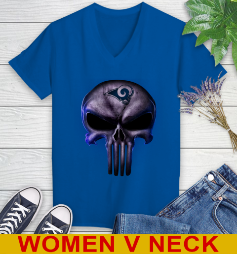 Los Angeles Rams NFL Football Punisher Skull Sports Women's V-Neck T-Shirt 10 Los Angeles Rams NFL Football Punisher Skull Sports Women's V-Neck T-Shirt - Image 10