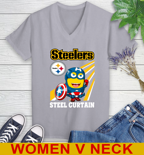 NFL Football Pittsburgh Steelers Captain America Marvel Avengers Minion Shirt Women's V-Neck T-Shirt 4