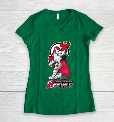 NHL My Cat Loves New Jersey Devils Hockey Women's V-Neck T-Shirt 3