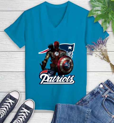 NFL Captain America Thor Spider Man Hawkeye Avengers Endgame Football New England Patriots Women's V-Neck T-Shirt 7
