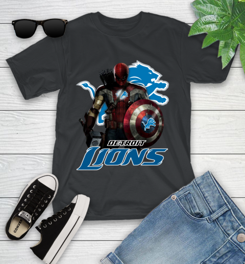 NFL Captain America Thor Spider Man Hawkeye Avengers Endgame Football Detroit Lions Youth T-Shirt 2