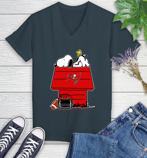 Tampa Bay Buccaneers NFL Football Snoopy Woodstock The Peanuts Movie Women's V-Neck T-Shirt 8