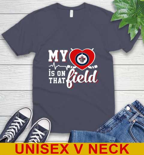 NHL My Heart Is On That Field Hockey Sports Winnipeg Jets V-Neck T-Shirt 7