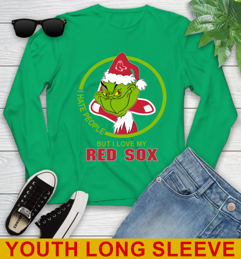 Boston Red Sox MLB Christmas Grinch I Hate People But I Love My Favorite Baseball Team Youth Long Sleeve 7