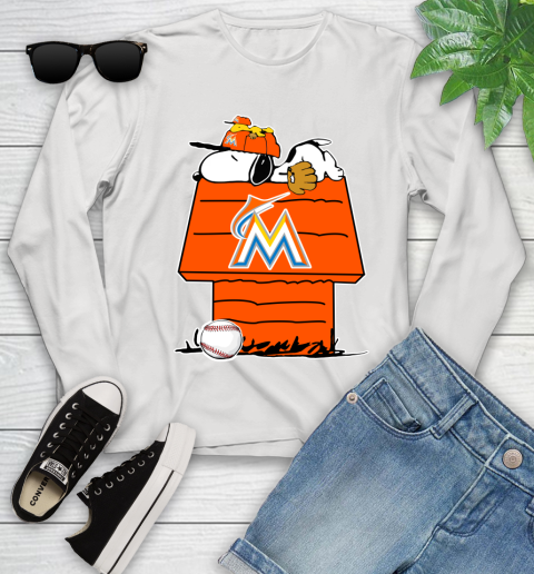 MLB Miami Marlins Snoopy Woodstock The Peanuts Movie Baseball T Shirt Youth Long Sleeve