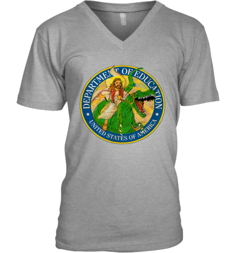 qgjn department of education badass jesus riding a dinosaur shirts v neck unisex 8 front sport grey